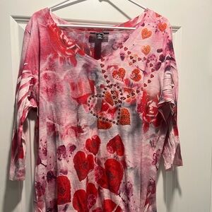 Cato Pink and Red Heart Print Long Sleeve Top